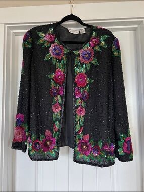 Laurence Kazar 100% Silk Beaded Sequin Floral Jacket Size Large Vintage Black